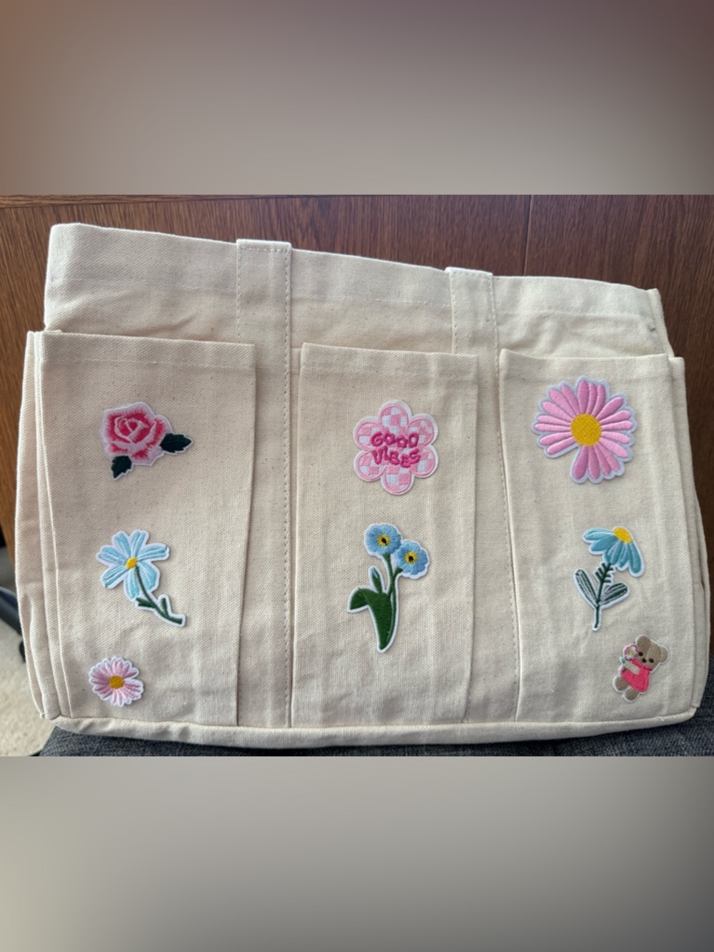Canvas Tote with Floral Iron-On Patches - Cream